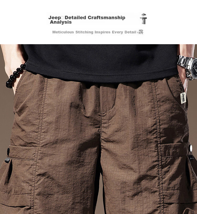 JEEP Men's Summer Ice Silk Cargo Casual Shorts Loose Fit Outdoor Knee-Length Pants Coffee 3XL 4