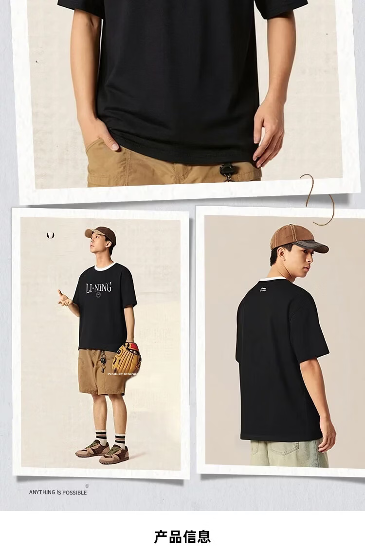 LI-NING Men's Summer Breathable Comfortable Fitness Sports T-Shirt Pure Cotton Fashion Classic Casual Short Sleeve Top 9
