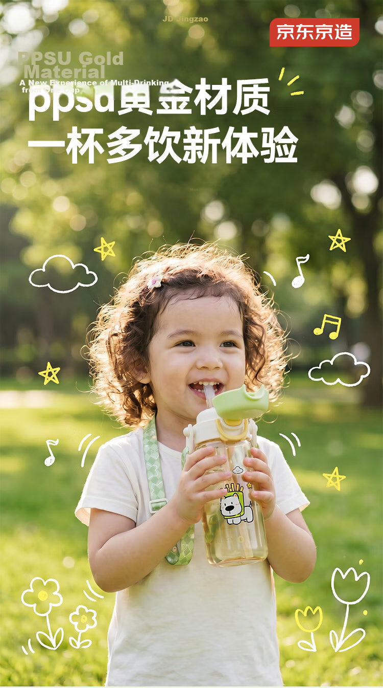 JD Jingzao Children's Water Bottle Straw Cup PPSU Dual-Use 2-in-1 Outdoor Sports Water Bottle for 3+ Years Students School Use 1