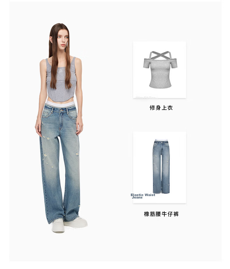 ANN ANDELMAN Official Two-Piece Style Elastic Waist Distressed Blue Denim Jeans for Women M 2