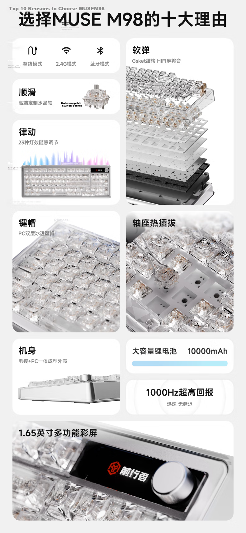 EWEADN Muse M98 Wireless Mechanical Keyboard for Women High-Value Transparent RGB Tri-Mode Bluetooth HiFi Mahjong Sound 98-Key Office Desktop Laptop Universal 5