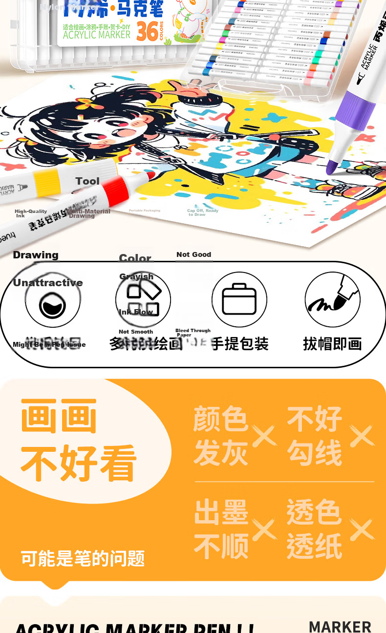TRUECOLOR 12-Color Soft-Tip Acrylic Markers, Non-Transparent, Stackable, for Kindergarten And Elementary School Students' Art, Children's Doodling And Drawing, Guka Painting Brushes, Holiday Gift 636 Drawing Brushes 2