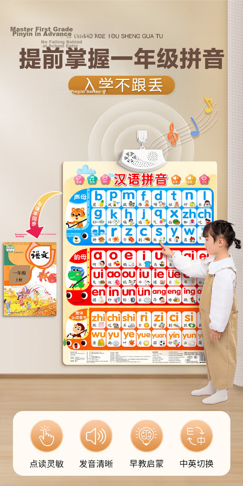 Mi Li Wall Chart Chinese Pinyin Audio Early Education Reading 64 Letters Phonics Training Initials and Finals 2