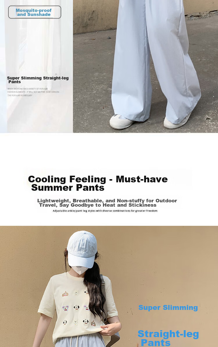 BOPRUIEY Women's Casual Summer Pants 2025 Thin High Waist Draped Loose Quick-Dry Straight-Leg Wide-Leg Lazy Style Ice Silk Pants 8