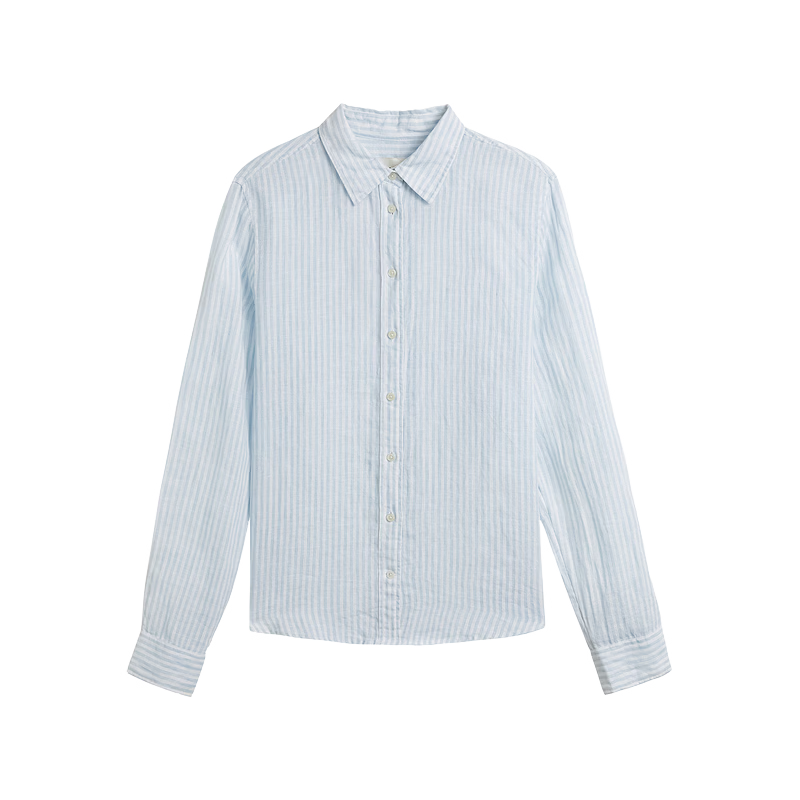 GANT Women's Spring Summer Pure Linen Striped Shirt Vintage Old Coin Style Long Sleeve Shirt 990-Light Blue Stripes L