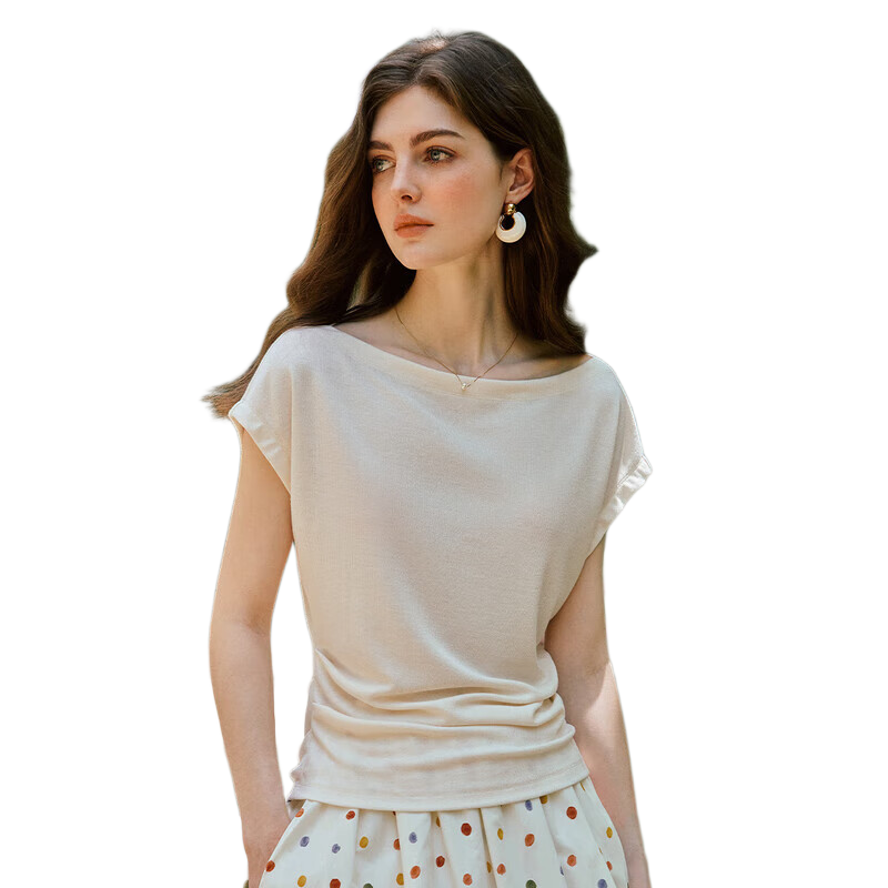 Olrain European Style Elegant Off-Shoulder Slim Fit T-Shirt Women Summer Slimming Youthful Top Apricot XL