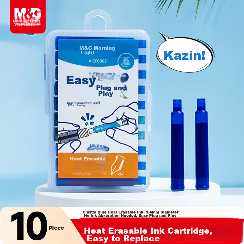 M&G Erasable Blue Gel Ink Pen Refills 3.4mm Replaceable Fountain Pen Water-Based Ink Student Writing Easy to Insert 10-Pack AICF0802