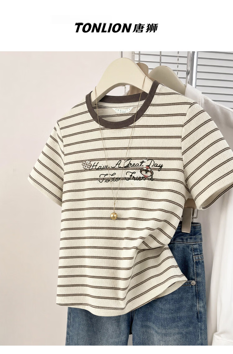 TonLion 2026 Summer New Women's Striped Short Sleeve T-Shirt Loose Casual American College Style Fashionable Top 1