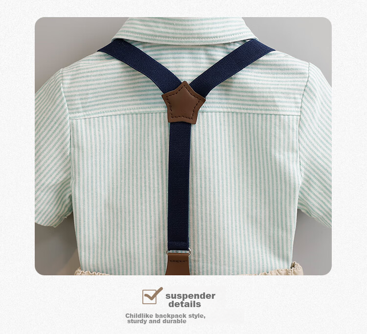 LUOBOBEIBEI Boys' Formal Wear Spring And Summer British Striped Suspender Shorts Shirt Set, Green Long-Sleeve Four-Piece Set, Size 130 8