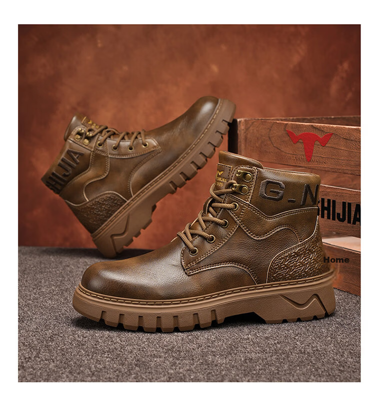 Bull Family Martin Boots Men 2026 Winter New Versatile Work Boots Men's Thick Sole High Top Leather Outdoor Hiking Shoes Men 19