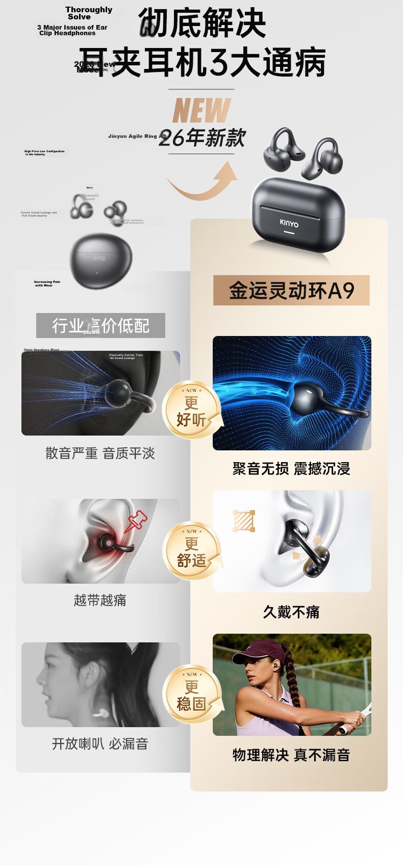 Jinyun 2026 Latest A9 Ultra Dynamic Ring Bluetooth Clip-on Bone Conduction Wireless Open-Ear Running Sports Sweatproof Call Long Battery Life AI Translation Gift 7