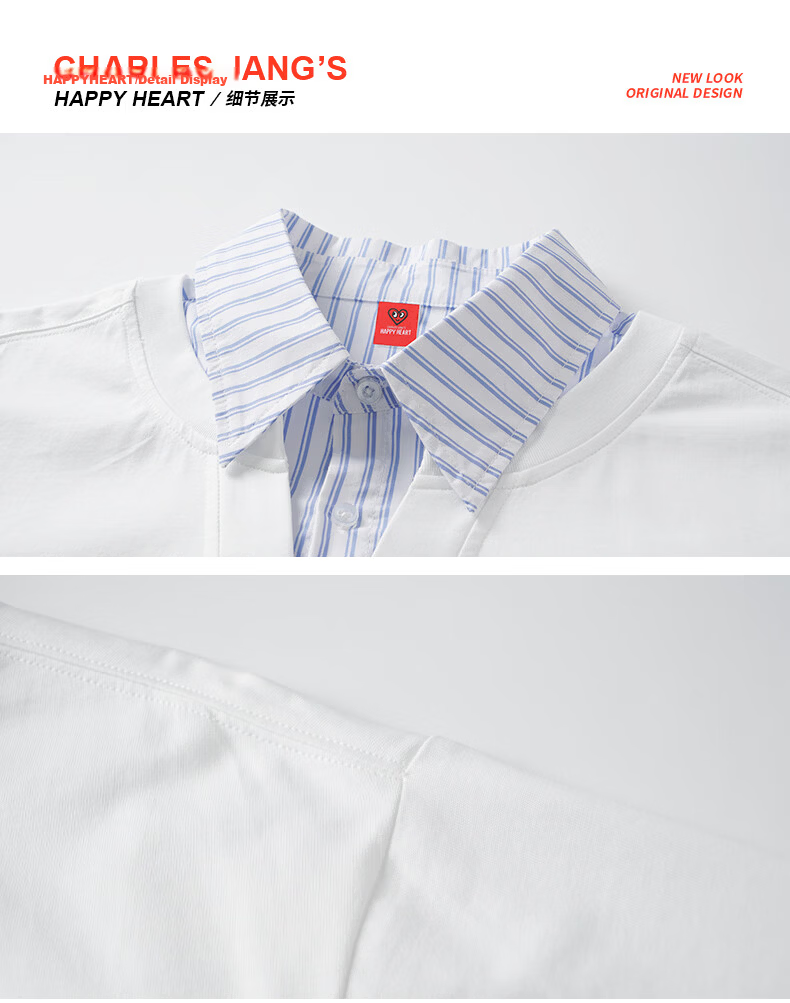 Charles Heart-Shaped False Two-Piece Cotton Couple Short Sleeve Polo Shirt with Butterfly Print Navy Blue S 21