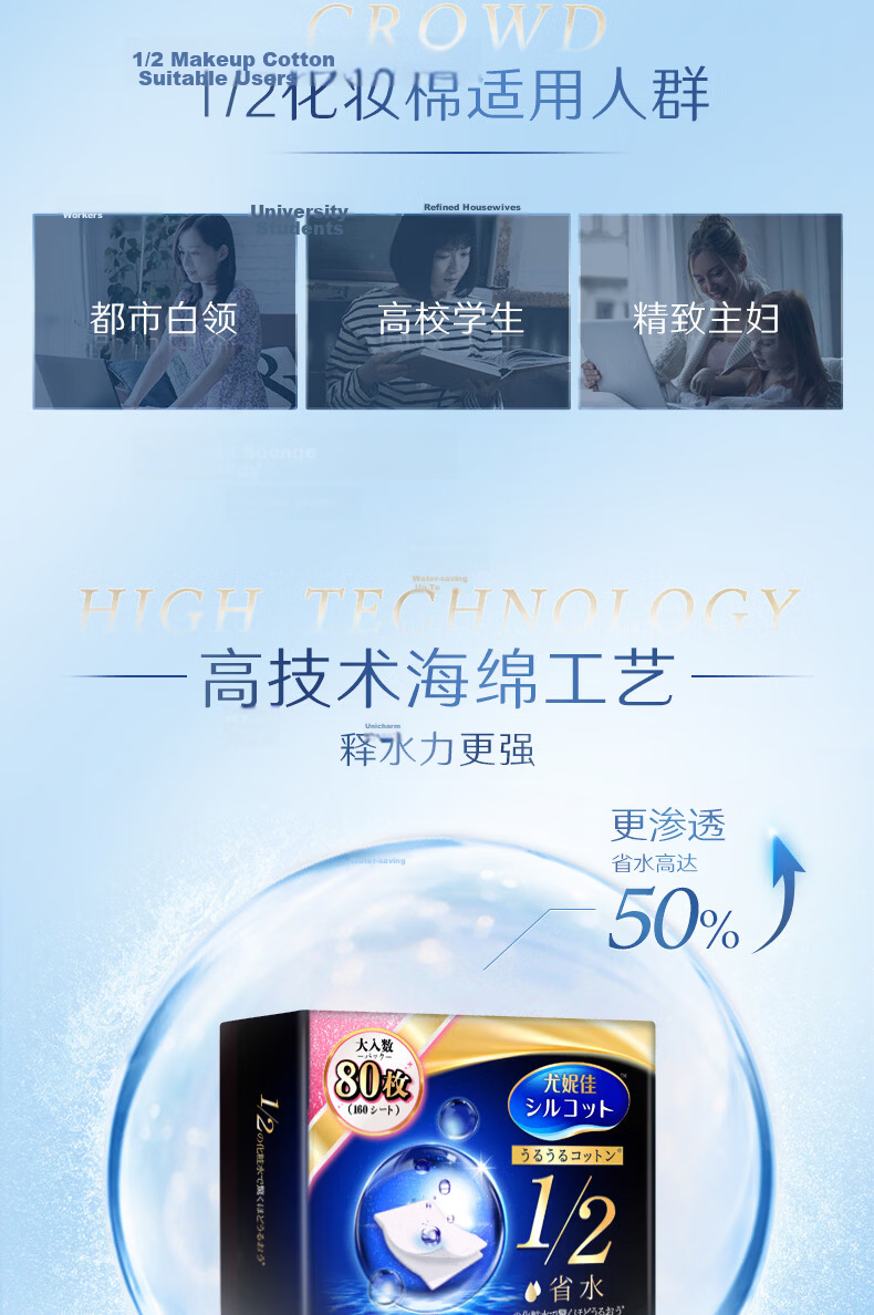 Schwarzkopf [Kuang Lingling Same Style] Unicharm 1/2 Water-Saving Wet Compress Cotton Makeup Remover Facial Cotton Disposable 240 Sheets 2