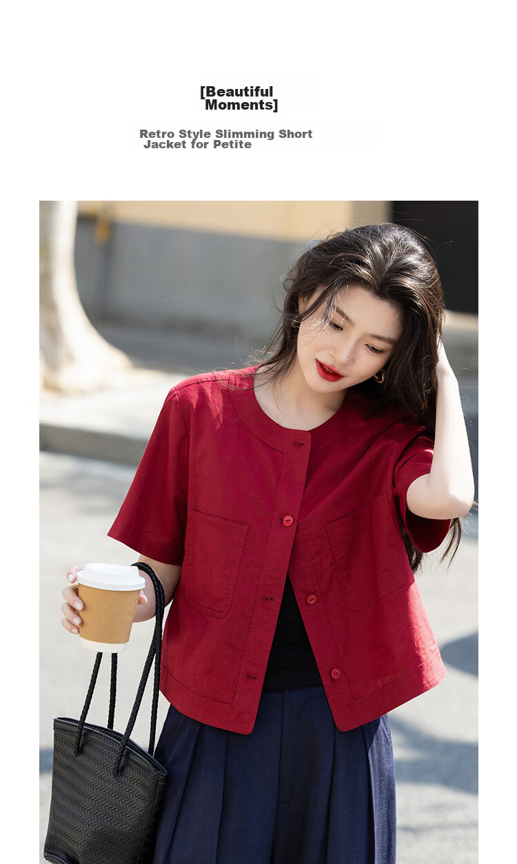 Demana [with Flax Cloud Oxygen Cotton] Summer Vintage Commuter Round Neck Short Sleeve Petite Slim Cropped Women's Jacket 4