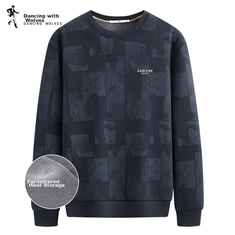 Dance with Wolves [Fleece Lined Thickened] Trendy All-Over Print Crewneck Sweatshirt Men Warm Antibacterial Pullover Top 102 Dark Blue L