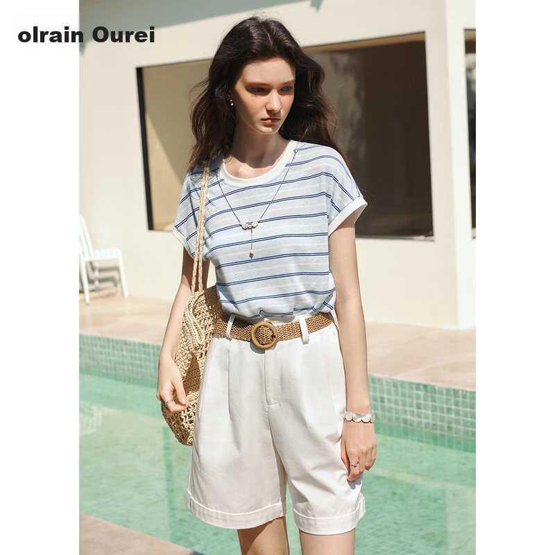 Olrain Summer New Blue and White Color Block Striped Loose Casual Commuting Short Sleeve T-Shirt for Women Striped L