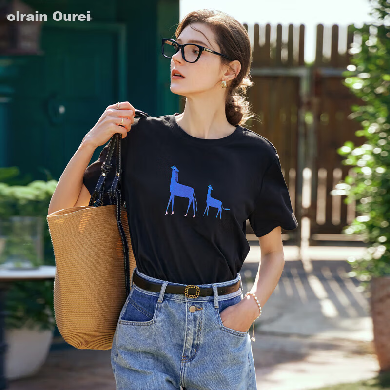 Olrain Women's Loose Short Sleeve T-Shirt Summer Embroidered Casual Comfortable Breathable Top Black XL