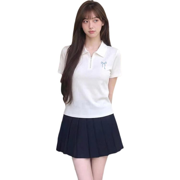TonLion Women's Short Sleeve Polo T-Shirt Summer New Trendy Pleated Design Slim Fit Skin-Friendly Top
