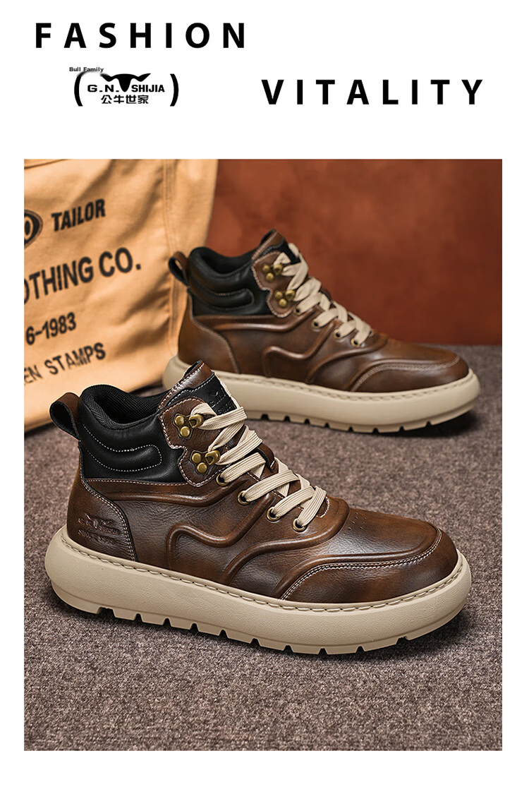 Bull Family Martin Boots Men Autumn Winter British Style High-top Work Shoes Vintage Durable Leather Outdoor Hiking Boots for Men 21