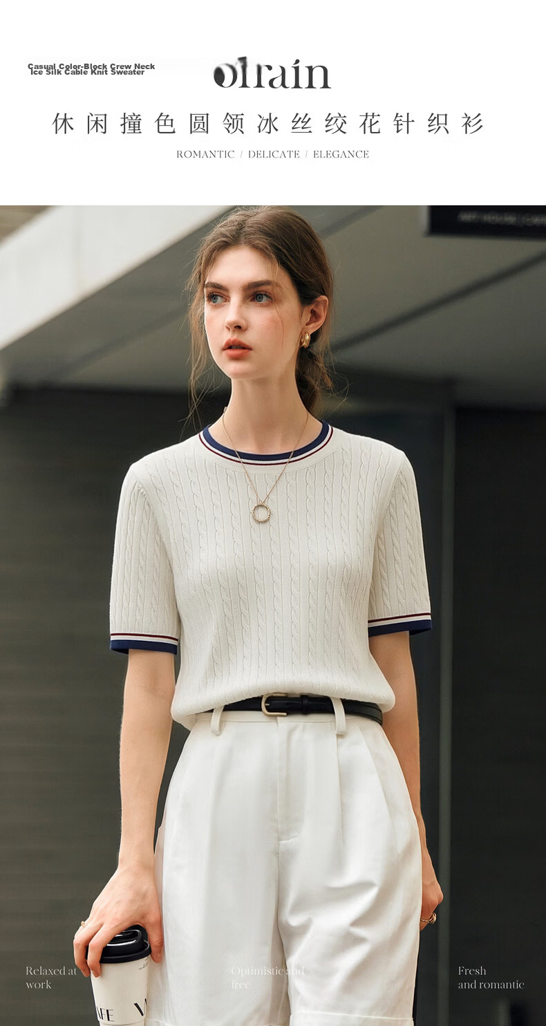 Olrain Women's Summer Casual Narrow Edge Color-Block Round Neck 3D Cable Knit Sweater Top White S 1