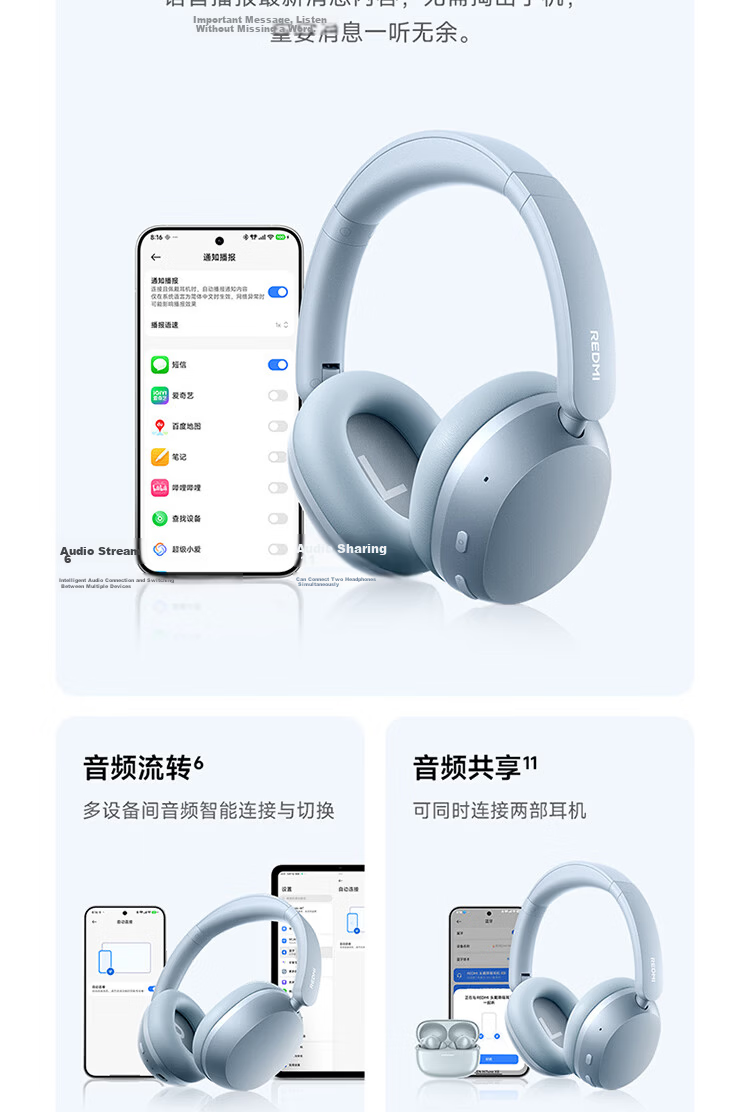 MI REDMI Over-Ear Bluetooth Headphones with Active Noise Cancellation, Comfortable Fit, Long Battery Life, Compatible with Mi Ecosystem And Apple/Huawei Phones, Jazz Blue 18