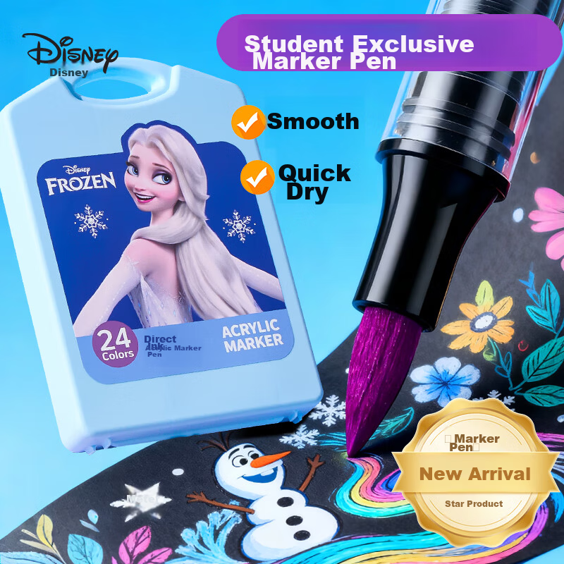 Disney 24-Color Liquid Acrylic Marker Set Soft Tip Controlled Ink Watercolor Pens High Coverage Opaque Art Markers for Elementary Students Birthday Gift A60190F1 - Art Education