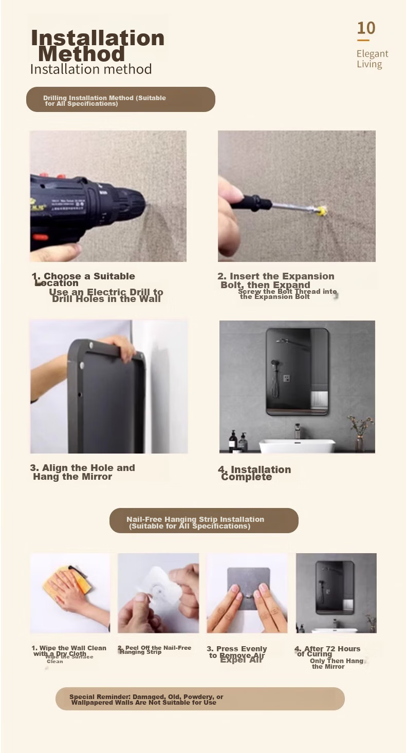 Quanpinwu Wall-Mounted Mirror Sticker Bathroom Mirror No-Drill Toilet Mirror Home Use High-Definition Glass Mirror 40x50cm 14