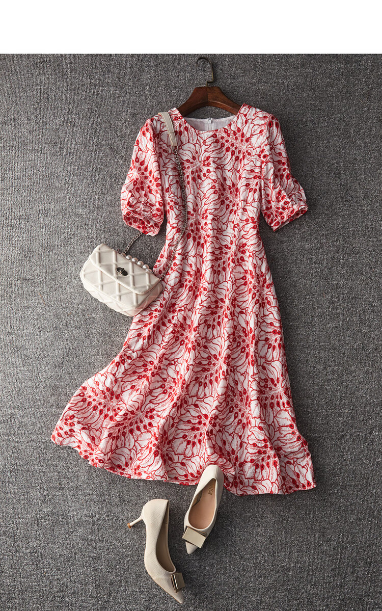 Dme [Monet Garden] Summer Elegant Breathable Pure Cotton Embroidered Waist-Cinching A-Line Flared Dress for Women, Mid-Length 14