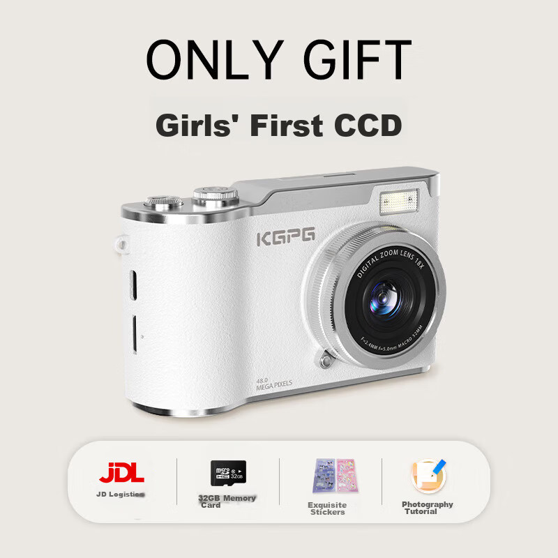 KGPG CCD Camera Flip Screen Digital Camera Student Selfie Travel Instant Print Card Camera Entry-Level White Gift for Girlfriend Birthday Graduation Season