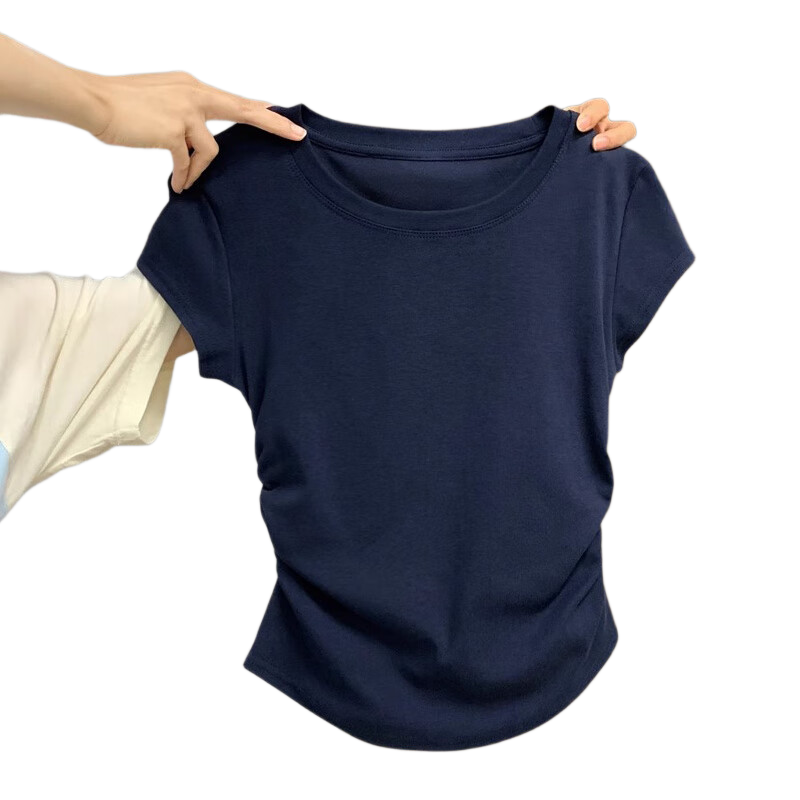 TUCANO Women's Regular Shoulder Short Sleeve T-Shirt, Summer 2025 New Style, Round Neck, Pleated, Slim Fit, Waist-Cinching Top, Navy Blue, 2XL