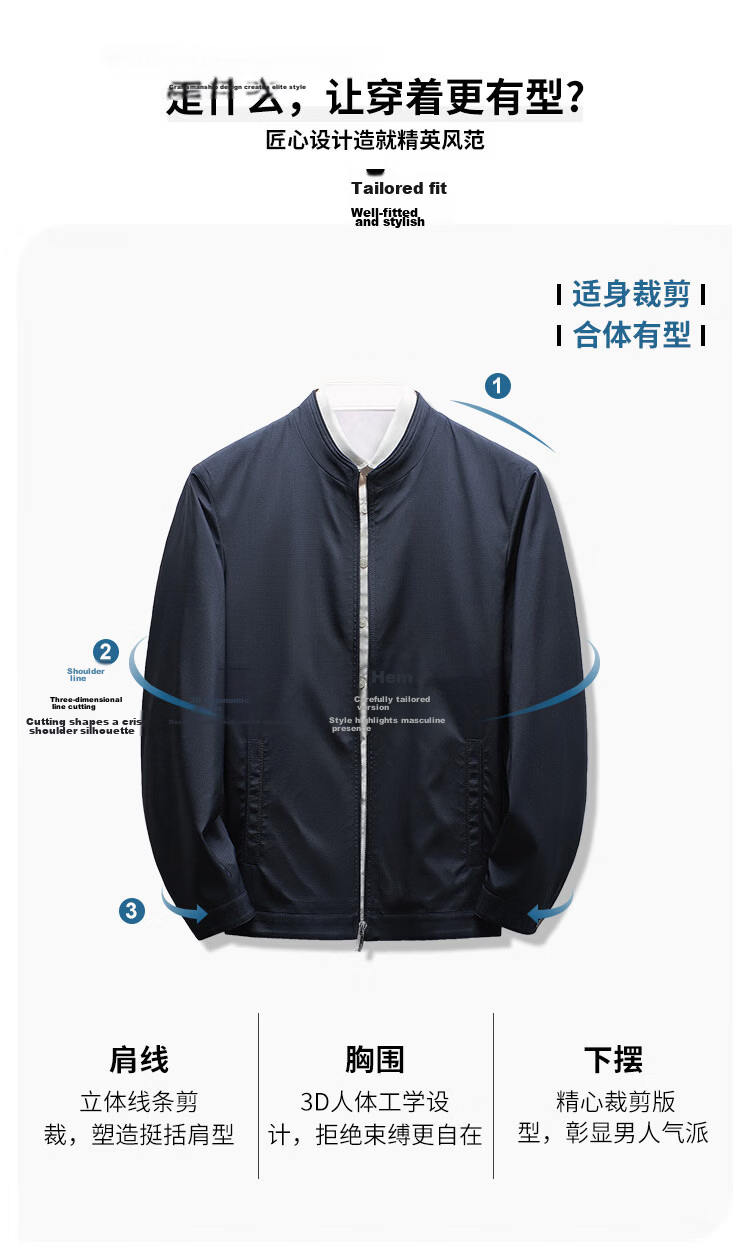 Caesar Stand Collar Jacket Men Spring Windproof Zip-up Business Casual Smooth Comfortable Commuter Coat 2