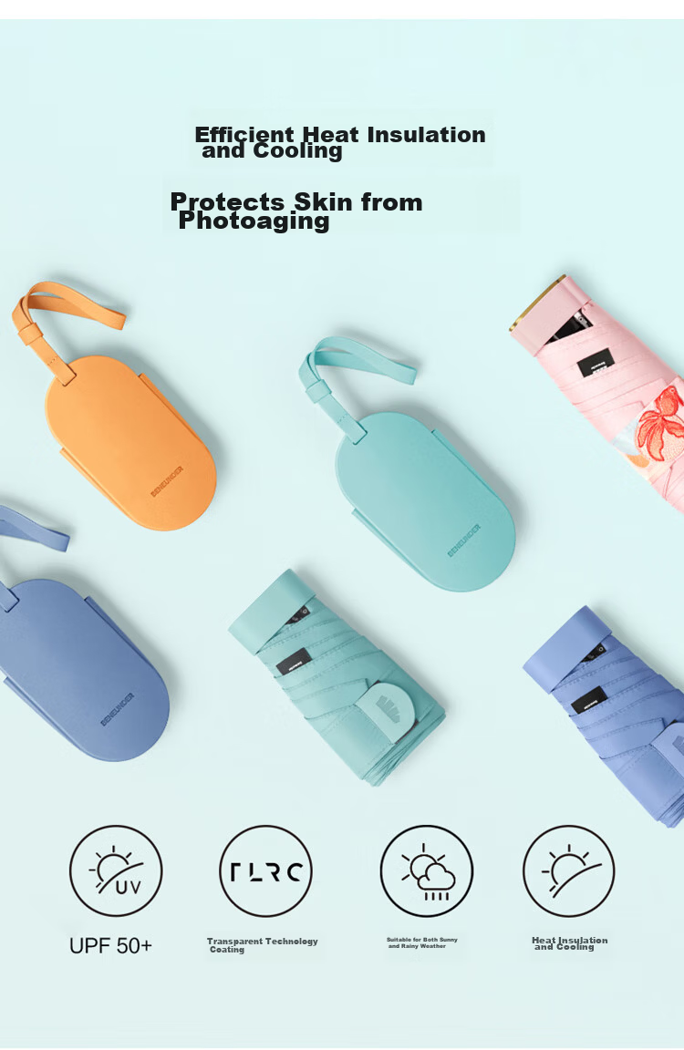 Beneunder UV Protection Sun Umbrella Rain Umbrella Five-Fold Black Coated Card Sunscreen Umbrella Flat Umbrella BM666 Flame Orange 1