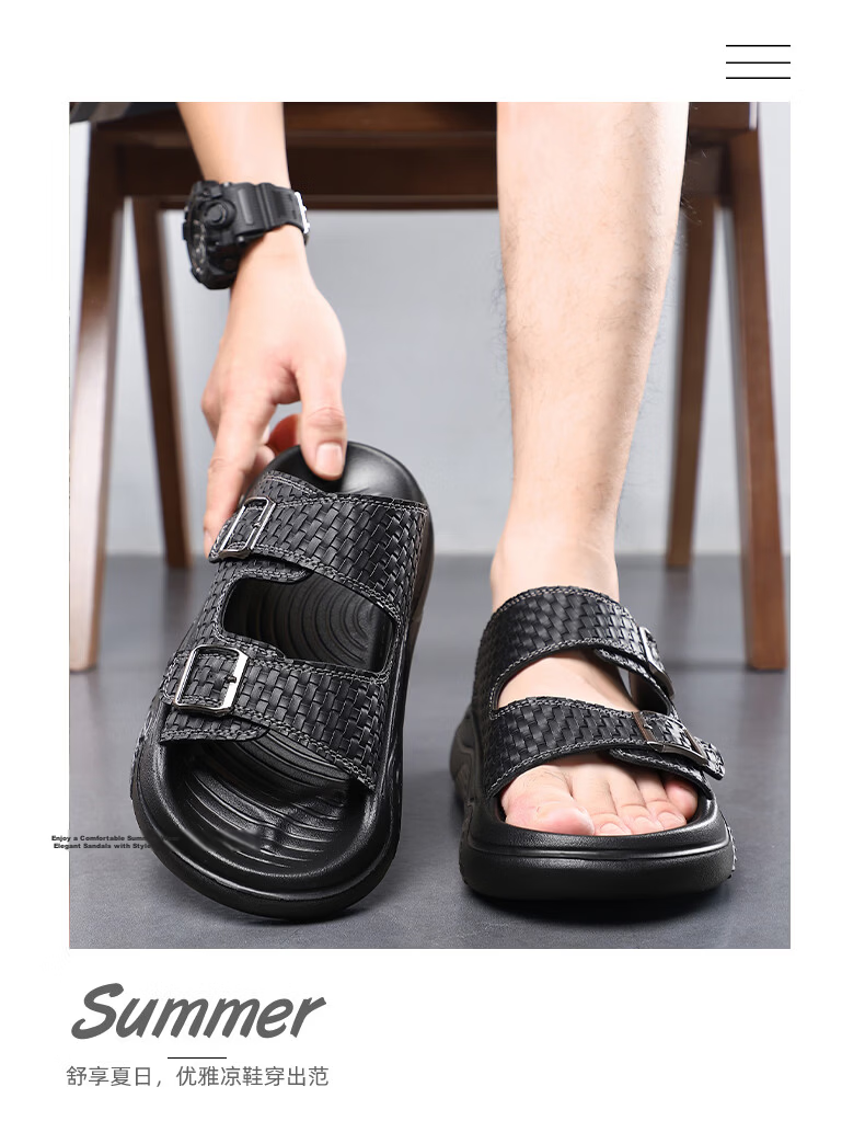 MEXICAN Spring Summer New Men's Leather Sandals Breathable Thick Soft Sole Slide Beach Shoes Black Size 44 11