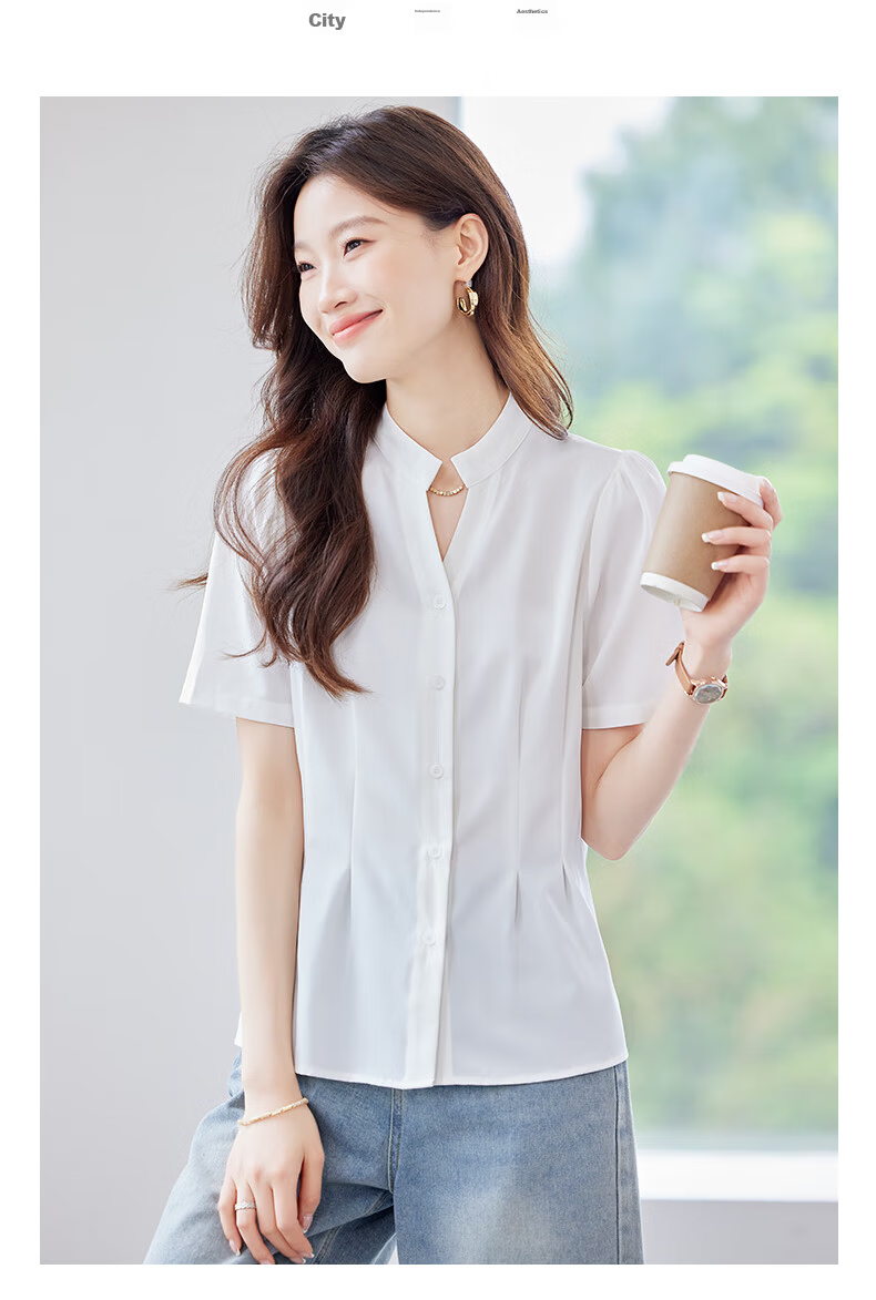 JEANSWEST Women's Short Sleeve Shirt 2025 Summer New High-End Commuter Versatile V-Neck Top White M 6