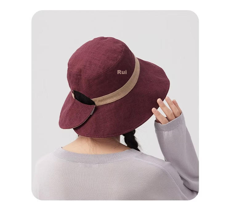 Lagur Natural Ramie Double-Sided Embroidered Fisherman Hat with Wild Berry Pattern, Large Head Circumference, Sun Protection, Red Rice Color 15