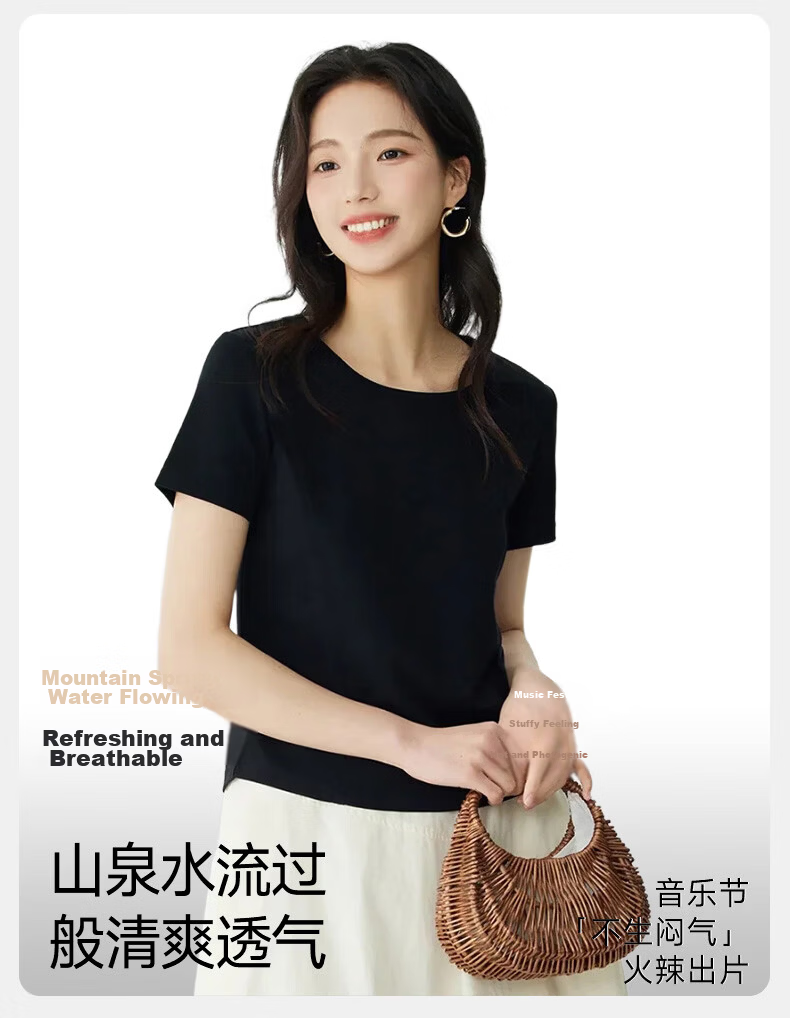 Langsha Women's Short Sleeve High Cotton T-Shirt Summer Slim Fit Casual Solid Color Top 9