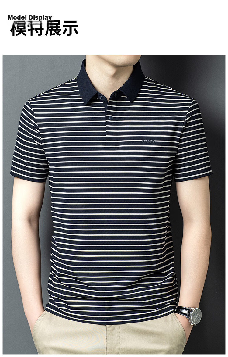 Edenbo Men's Short Sleeve Polo Shirt Spring Summer Striped Skin-Friendly Commuter Top Navy Blue 170/88A (L) 12