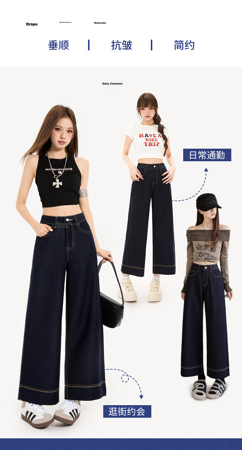 Langsha Women's 9/10 Length Dark Blue High-Waist Stretch Slim Fit Flowing Wide-Leg Denim Jeans Summer Casual Straight Pants 1