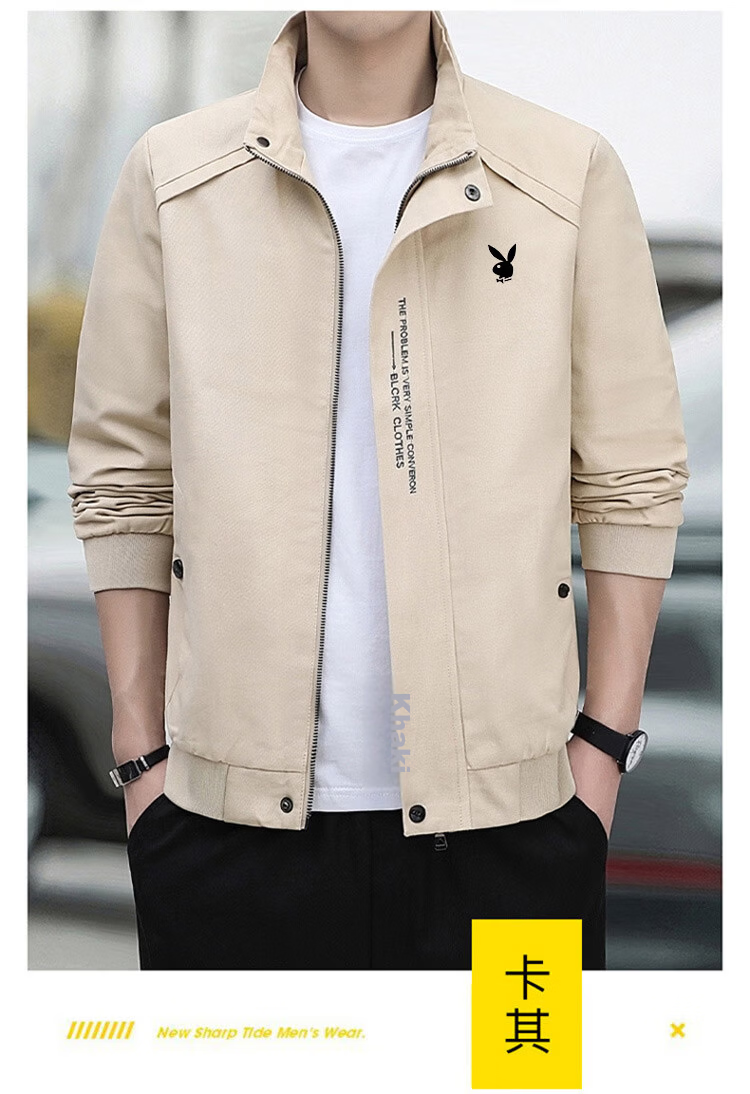 PLAYBOY Men's Spring Autumn Casual Lightweight Stand Collar Outdoor Sports Jacket Khaki XL 16