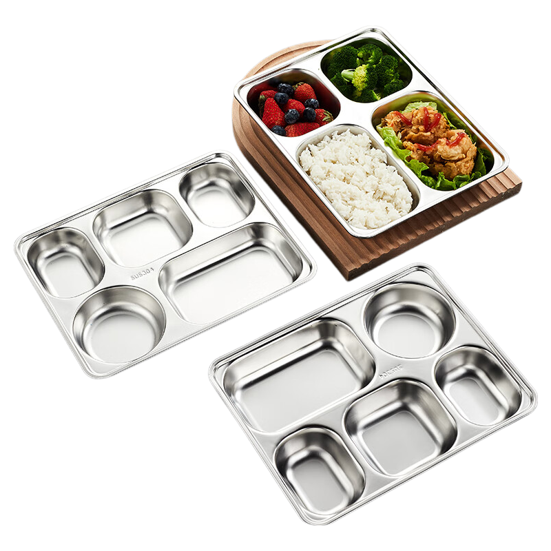 Vnash 304 Stainless Steel Fast Food Tray, Cafeteria Adult Four-Grid Five-Grid Meal Plate, Deep And Thickened Set