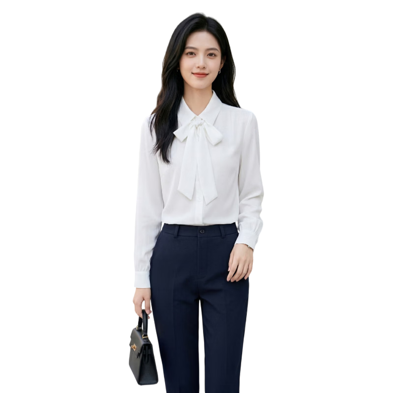 Chaoxu White Long Sleeve Bow Tie Shirt Women's Professional Slim Fit Elegant Casual Blouse