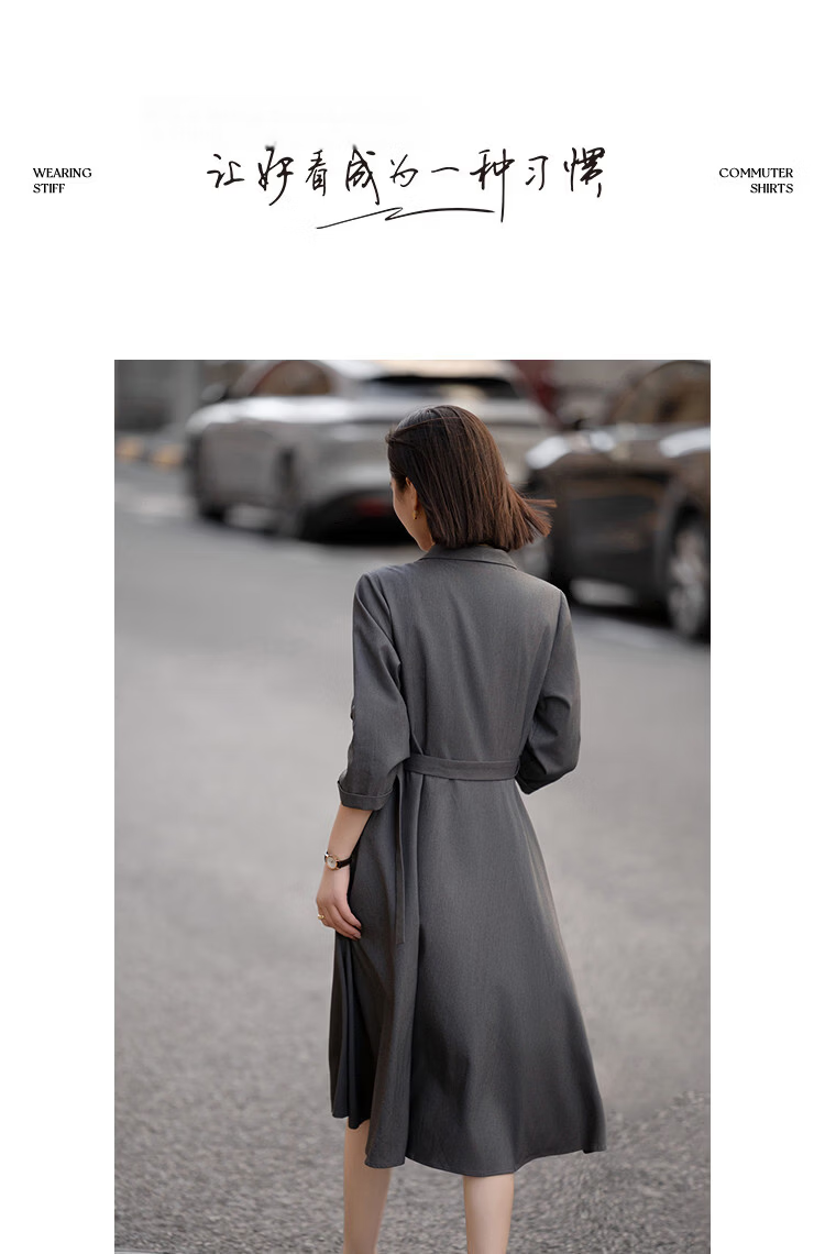 Demana Smart Elegance Spring Commuter Mandarin Collar Double-Breasted Mid-High Waist Three-Quarter Sleeve Buttoned Women's Dress 10