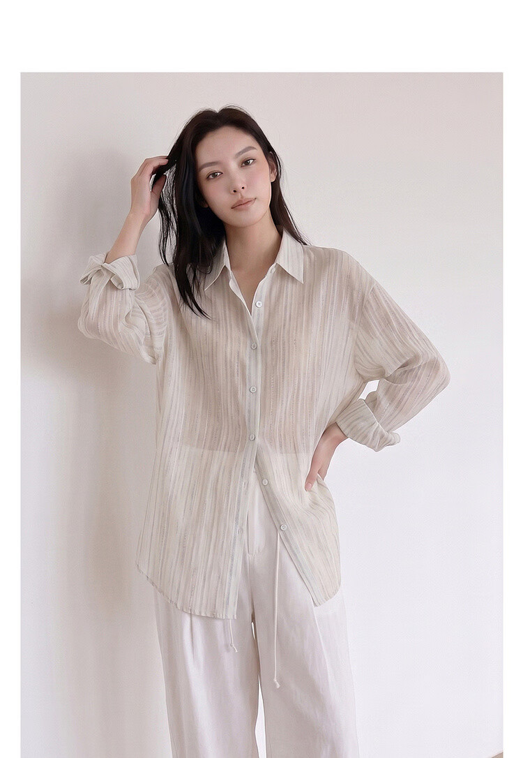 Dme [Lightweight Lyocell] Autumn Lightweight Commuter Striped Textured Lapel Long-Sleeve Loose Draping Women's Shirt for Layering 3