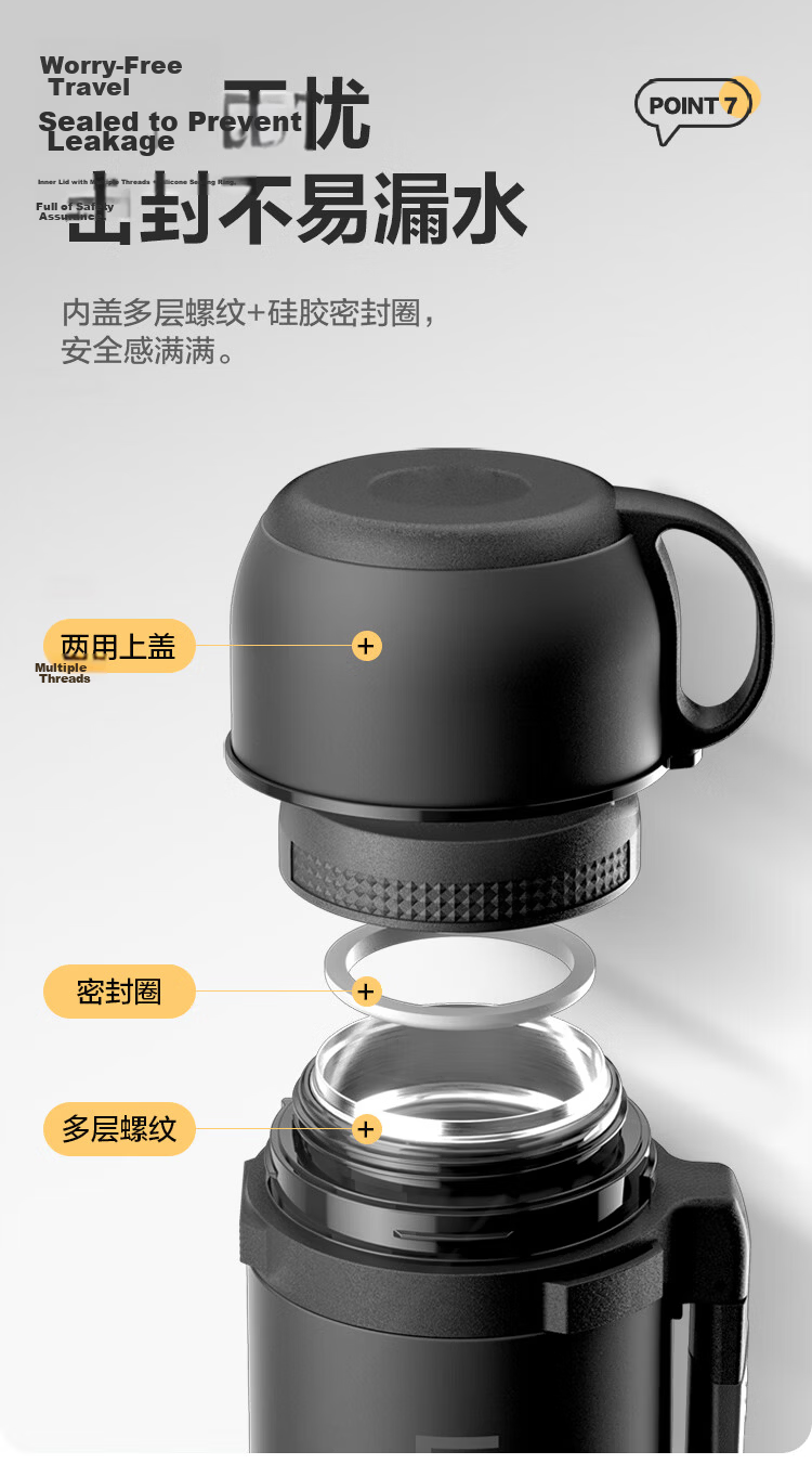 LOCK&LOCK Insulated Thermos Large Capacity 2L Stainless Steel Portable Vacuum Flask Deep Black for Camping Car Home Use 10