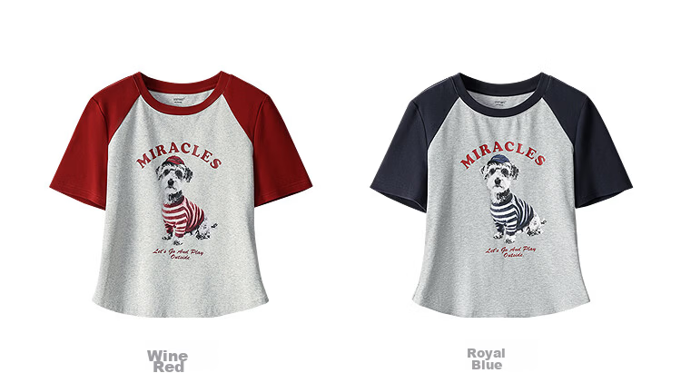 INMAN Age-Reducing Puppy Print Color-Block Short Sleeve T-Shirt 2026 Summer Women's New Regular Fit Top Royal Blue L 25