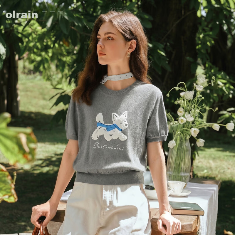 Olrain Eurielle Summer New Jacquard Dog Round Neck Short Sleeve Knit Sweater Women Trendy Casual Top Gray S