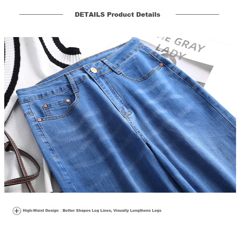Jeanswest High Waist Women's Flared Jeans 2026 Spring Summer Slim Fit Retro Blue Wide Leg Pants L 8