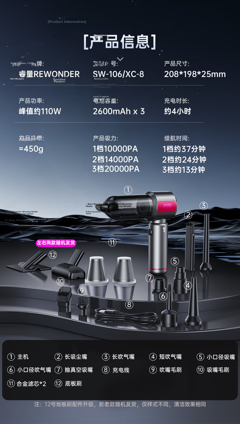 REWONDER German Top Model 20000Pa Car Vacuum Cleaner Handheld Pencil-Style High Suction Long Battery Life Outdoor Small Car Vacuum Cleaner Purple 39