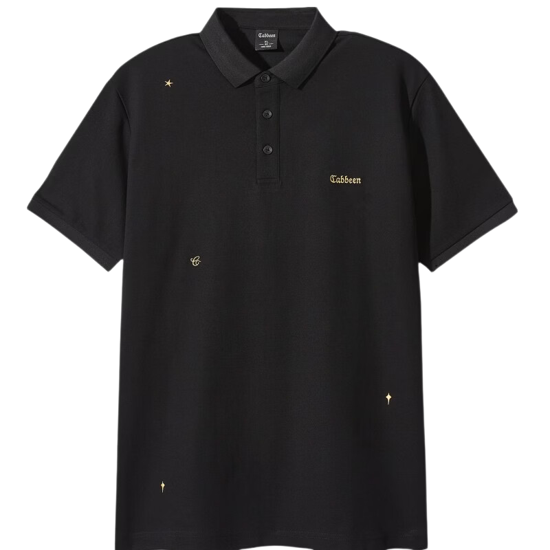 CABBEEN [Cool Touch] Gold Thread Embroidered Short-Sleeve T-Shirt, Simple Black And White POLO Shirt, Coal Black 1156/190/XXXL