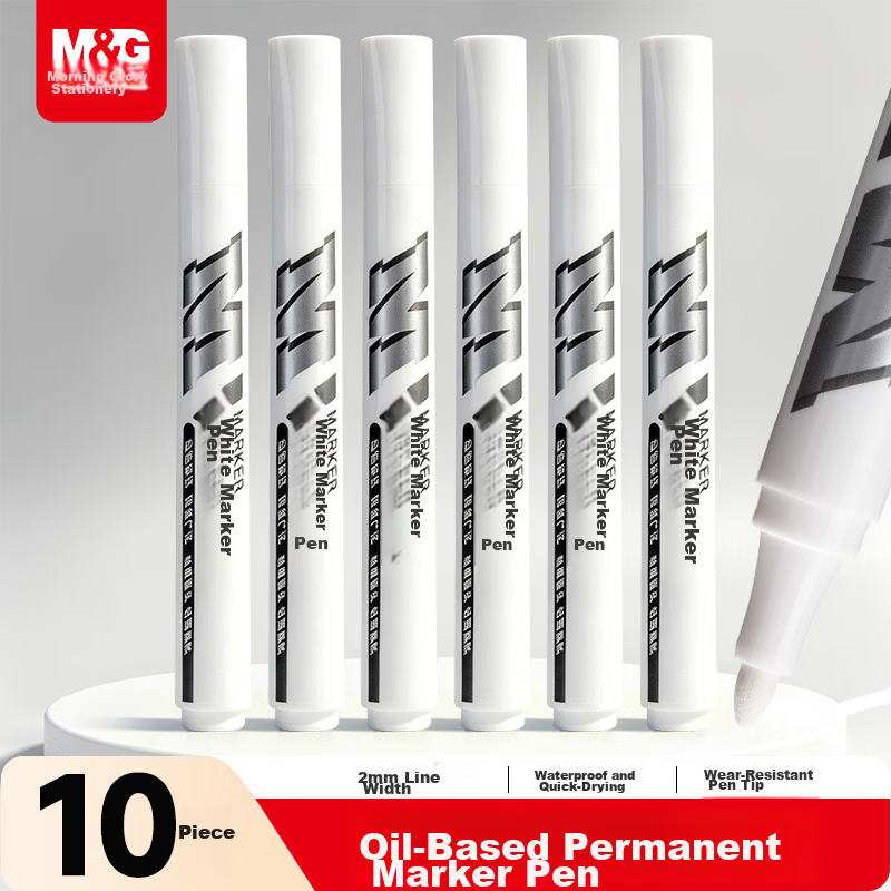 M&G M&G White Marker Pen, Oil-Based Marker, Large Tip Chalky Pen, Outline Pen, Waterproof, Oil-Resistant, Non-Fading, Logistics Express Large Capacity 10 Pieces APMY2213